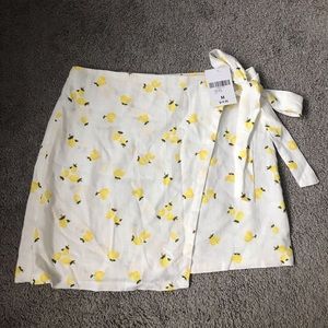 Lemon Print Mock Wrap Skirt